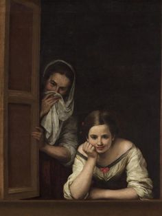 a painting of two women looking out the window at something in the distance, with one woman holding her hand to her face