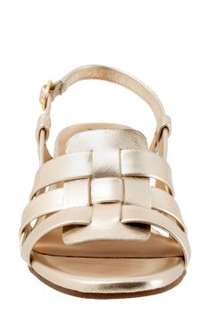 Interlocking vamp straps create modern dimension on a slingback leather sandal grounded by a cushioned footbed and wrapped block heel. 2" heel; 1/2" platform Adjustable slingback strap with buckle closure Memory foam cushioning Leather upper and lining/rubber sole Imported Modern Slingback Sandals With Ankle Strap And Cushioned Footbed, Gold Leather Sandals With Strap, Modern Cushioned Slingback Sandals, Modern Slingback Sandals With Removable Insole, Modern Slingback Sandals With Adjustable Strap, Adjustable Slingback Sandals, Chic Adjustable Slingback Sandals, Leather Slingback Sandals With Low Heel And Adjustable Strap, Gold Leather Strap Sandals