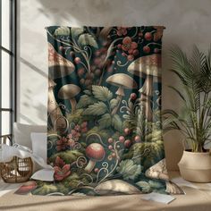 a shower curtain with mushrooms and berries on it