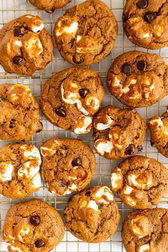 chocolate chip cookies with marshmallows on a cooling rack