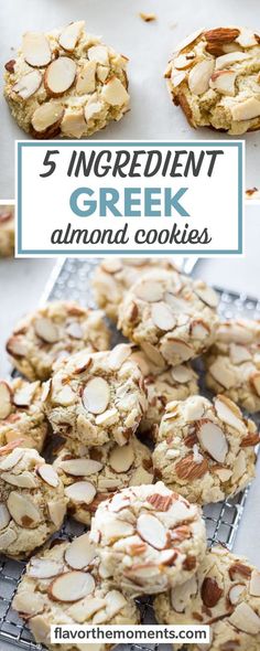 almond cookies on a cooling rack with text overlay reading 5 ingredient greek almond cookies