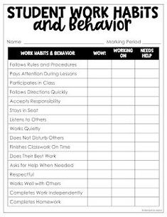 the student work habit and behavior chart is shown in this printable worksheet