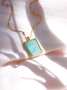 Gold Necklace - Aquamarine Gemstone Gold Pendant Necklace - Kai - ke aloha jewelry Amazonite Pendant Necklace For Gift, Amazonite Gemstone Pendant Jewelry, Elegant Amazonite Necklace For Gift, Rectangular Gemstone Pendant For Healing, Hawaii Necklace, Hawaii Jewelry, Gemstone Hoop Earrings, Mother Of Pearl Earrings, Cz Necklace