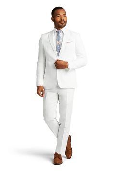 A slim white two button notch lapel suit. White Slim Fit Suit With Notch Lapel, White Slim Fit Tuxedo For Semi-formal Occasions, White Slim Fit Notch Lapel Suit, White Notch Lapel Slim Fit Suit, White Slim Fit Suits For Workwear, White Slim Fit Tuxedo With Notch Lapel, White Slim Fit Suit For Formal Occasions, White Slim Fit Business Suits, White Slim Fit Blazer For Work