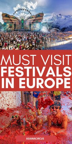 the cover of must visit festivals in europe with images of people covered in red paint