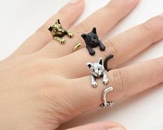 a woman's hand with five rings on it and two cats sitting on the fingers