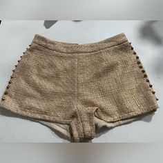 Gold Tweed W Studs. Ones Small And They Are Pretty Short Casual Tweed Shorts, Chic Tweed Shorts, Chic Summer Tweed Bottoms, Fitted Tweed Shorts, Chic Summer Tweed Shorts, Beige Fitted Party Shorts, Chic Tweed Shorts For Summer, Summer Tweed Shorts, Beige Fitted Shorts For Party