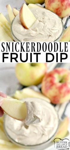 an apple dip is in a glass bowl with apples around it and the words, snickker doodle fruit dip