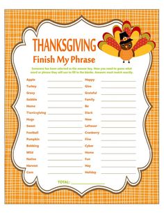 thanksgiving printable game for kids to play with the word,'thanksgiving finish my phrase '