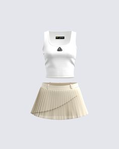 This effortless cool girl look is everything you need 🙌 Versatile, and cute enough for a night out, or a chill day - this fit features a white logo tank top and a cream crepe pleat skirt 🤍 Trendy White Tank Top For Night Out, White Pleated Tops For Summer, Casual White Tank Top For Night Out, Casual Summer Tennis Skirt For Night Out, Trendy White Tennis Skirt For Summer, Pleated Tennis Skirt, Pleat Skirt, Tennis Skirt, White Tank Top