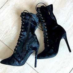 Never Worn. Fitted Black High-top Lace-up Boots, Black Lace-up Boots For Winter Evenings, Chic Black High-top Heels, Chic High Heels For Night Out, Black Lace-up Boots For Night Out In Fall, Chic Black Lace-up Boots With Pointed Toe, Goth Bride, Cry Cry, Black Lace Boots