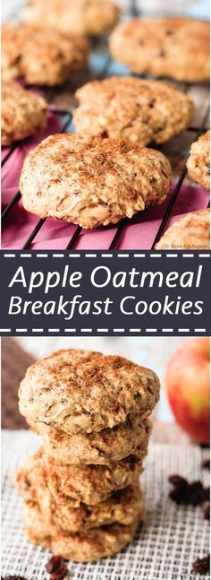 apple oatmeal breakfast cookies stacked on top of each other with the title above it