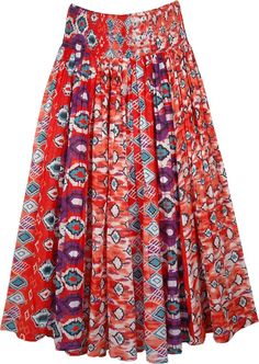 A full length flared skirt in a beautiful Bulgarian red color with hints of purple, white and blue.  The skirt features an Ikat-style printed design and gives it an exquisite look. #tlb #MaxiSkirt #Dance #Floral #Printed #summercottonskirt #cottonvoilefabricskirt #flaredbohoskirt Red Pleated A-line Maxi Skirt, Red Skirt With Elastic Waistband For Spring, Casual Red Gathered Skirt, Red Cotton Long Skirt, Red Summer Skirt With Elastic Waistband, Red Skirt With Elastic Waistband For Summer, Red Cotton Flared Skirt, Red Flared Cotton Skirt, Red Gathered Skirt Bottoms For Summer