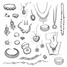 a bunch of jewelry that is drawn in black and white