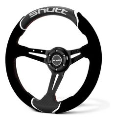 a steering wheel with black spokes and white stitching on the center piece,