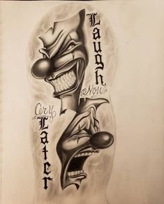 a drawing of an evil clown with words on it