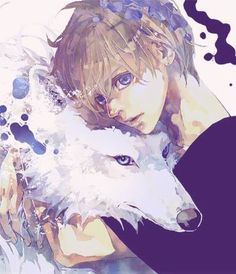 an anime character is holding a white wolf