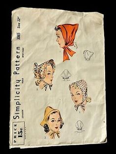 Vintage 1940s Simplicity 3065 Pattern Head Scarves  | eBay Scarf Sewing Pattern, 1950s Hats, 1950s Sewing Patterns, Crafts Sewing Patterns, Hat Patterns To Sew, Cap Patterns, Look Retro, Mccalls Sewing Patterns, Motif Vintage