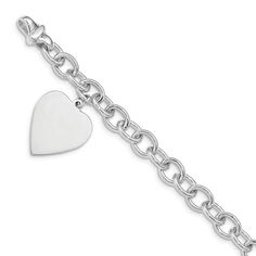 Rhodium over 14k white gold polished link with heart charm bracelet with a lobster claw clasp. Measures approximately 1/4 of an inch in width and has a fancy lobster claw clasp. Classic Heart Charm Bracelet In White Gold, Classic Heart Charm Bracelet For Anniversary, Classic White Gold Charm Bracelet With Heart, White Gold Heart Charm Bracelet, Classic White Gold Charm Bracelet With Heart Charm, White Gold Classic Heart Charm Bracelet, Sterling Silver White Gold Charm Bracelet With Heart Charm, Classic Jewelry With Lobster Clasp For Valentine's Day, Heart Bracelet With Charms