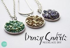 three necklaces with different colored stones in them on a white background and the words drusy crafts next to it