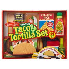 an assortment of taco and tortillas in a box