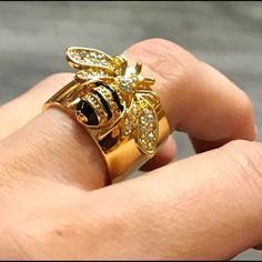 This Ring Is So Gorgeous On, Very Shiny With Lots Of Details On The Little Bee. Brand New, No Tags, Really A Stunning Ring. I Hope You Can See It In The Close-Ups That There Are Rhinestones On The Wings And Head. Almost 3/4” High, Size 6. I Would Treat It Like A 5 1/2, Because When A Ring Is Taller Like This, It Naturally Is A Little Bit Harder To Wear Tight. Bee Ring, Costume Rings, Bee Mine, Gold Statement Ring, Gold Bee, Sparkling Rings, Silver Dragon, Green Gems, The Wings