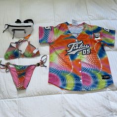 Fubu Swim Set With Matching Jersey Swim Bikini Top And Bottom Fanny Pack Summer Pink Swimwear With Graphic Print, Casual Multicolor Graphic Print Swimwear, Trendy Multicolor Swimwear For Music Festival, Pink Swimwear For Summer Music Festival, Pink Swimwear For Music Festival, White Sweatpants, Harlem Globetrotters, Swim Sets, Blue Crop Tops