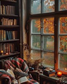 a room filled with lots of books next to a window covered in fall colored leaves