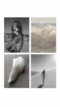 four different pictures with one person walking and the other in black and white, along with an ocean wave