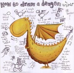 a drawing of a yellow dragon with writing on it's back and words written in english