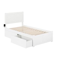 a white bed with two drawers underneath the headboard and foot board, on a white background