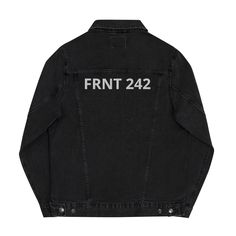 A fashionable eye-catcher: the iconic unisex denim jacket. Combine them with a t-shirt, a hoodie or a dress; she will always look fantastic. The lettering "FRNT 242" is embroidered in high quality! * 99% ring-spun combed cotton, 1% elastane * Fabric weight: 407 g/m² * Breast pockets with buttons * Raw product sourced from China Trendy Streetwear Outerwear With Embroidered Logo, Black Outerwear With Logo Print For Spring, Spring Black Outerwear With Logo Print, Spring Streetwear Outerwear With Embroidered Graphics, Logo Print Outerwear For Spring Streetwear, Spring Streetwear Outerwear With Logo Print, Winter Cotton Outerwear Band Merch, Trendy Relaxed Fit Denim Jacket For Streetwear, Band Merch Outerwear For Fall Streetwear