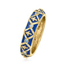 Ross-Simons - .10ct t. w. Sapphire, Blue Enamel Fleur-De-Lis Ring Over Sterling. Size 6. Take stacking into your own hands with a high-spirited ring that speaks to your unique personality! This decorative band features .10 ct. t. w. round sapphires and fleur-de-lis symbols atop a royal blue enamel backdrop. Crafted in 18kt yellow gold over sterling silver. 3/16" wide. Blue enamel and sapphire fleur-de-lis ring. Sapphire birthstones are the perfect gift for September birthdays. Italian Gold Jewelry, Greek Ring, Jewelry Stack, Unique Gold Rings, Anchor Jewelry, Diy Jewelry Rings, Precious Gemstones Jewelry, Ring Sapphire, Golden Jewelry