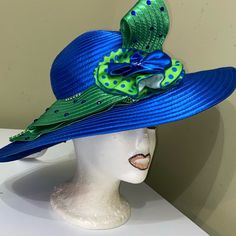 Royal Blue And Green. Big Bow, Rhinestone Band And Beautifully Embellished. See Pics And Please Take Time To Work Out All Of The Hats In My Collection. Blue Rhinestone Hat For Summer, Fitted Blue Hat For Beach, Blue Summer Hat With Rhinestones, News Boy Cap, Cold Weather Hats, Distressed Baseball Cap, Bucket Hat White, Denim Bucket Hat, Crown Hat