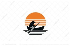 a bear in a boat on the water at sunset logo design for sale by person