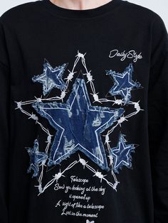 This sweatshirt, adorned with appliqué embroidery, reflects the beauty of the stars. Wear this unique piece, journey back to the stars, and establish a cosmic connection. 
Material: 100% Cotton.
Clothing details: Embroidery Thorny Star.

SIZE GUIDE Trendy Long Sleeve T-shirt With Embroidered Graphics, Cotton Long Sleeve Sweatshirt With Star Patch, Winter Cotton Tops With Star Patch, Winter Cotton Top With Star Patch, Oversized Cotton Sweatshirt With Star Print, Trendy Long Sleeve Star Print Sweatshirt, Casual Sweatshirt With Star Patch For Fall, Trendy Streetwear Tops With Star Patch, Casual Fall Sweatshirt With Star Patch