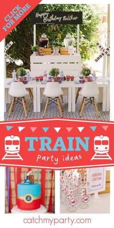 a train party with red and white decorations