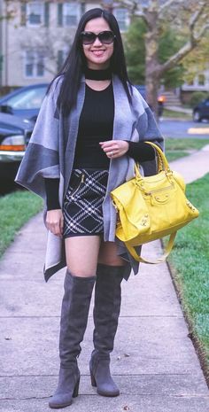 easy thanksgiving outfit ideas - sweater, poncho wrap, plaid skirt, over the knee boots, balenciaga city. Head over to www.OneAwesomeMomma.com for more fall & winter outfit ideas. #fallstyle #fallfashion #momfashion #momstyle Over The Knee Boot Outfit Fall, Plaid Skirt Outfit Fall, Poncho Outfit Fall, Poncho Outfit, Over The Knee Boot Outfit, Plaid Skirt Outfit, Fall Boots Outfit, Knee Boots Outfit