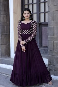 Maroon Maxi Dress With Long Sleeves, Premium Women Formal Georgette Dress, Wedding Party Long Gown, Floor Length Party Wear Bridesmaids Gown - Etsy Canada Long Choli Lehenga, Maroon Maxi Dress, Modest Evening Dress, Fabric Work, Lehenga Wedding, Exquisite Gowns, Georgette Dress, Floor Length Gown