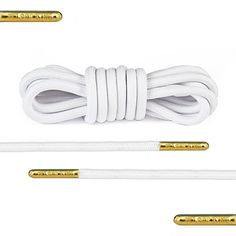 Loop King Laces - Our Luxury Rope White Shoe Laces come with embossed Gold Tips. All of our Luxury Shoe Laces are made from premium materials with the highest quality metal tips. Our Rope Laces are made to last 3 times longer than regular quality shoelaces. See our full features below: - 4mm Width (Round) - Premium Cotton - Last 3 Times Longer Than Regular Laces - Loop King Golden Aglet - Beautiful Loop King Packaging per Lace Shoelace Size Guide: 1-2 Eyelets (rows) = 24" / 60cm 2-3 Eyelets (rows) = 30" / 75cm 3-5 Eyelets (rows) = 36" / 90cm 5-6 Eyelets (rows) = 45" / 114cm or 47"/120cm 6-8 Eyelets (rows) = 55" / 140cm 9+ Eyelets (rows) = 59" / 150cm or 63"/160cm Loop King Laces only provide the highest quality Luxury Shoelaces. Our Rope Shoe Laces come made with Embossed Metal Tips featur Luxury Lace-up Running Shoes With Perforations, Luxury Lace-up Running Shoes For Jogging, Luxury Running Shoes With Laces, Luxury Synthetic Nike Air Force 1 Lace-up, Rope Shoe Laces, White Shoe, Custom Hoodie, Gold Tips, Shoe Insoles