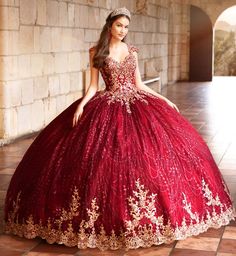 Red Gold Prom Dress,Lace Quinceanera Dress,Sweet 16 Ball Gown,SB2330 sold by Sweet Bridal on Storenvy Red Quince, Queen Anne Neckline, Red Quinceanera Dresses, Quince Dress, Quinceanera Dress, Red Ball, Dress Sleeve Styles, Lace Decor, Pageant Dress