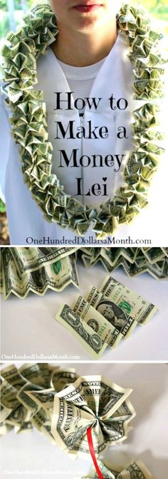 a woman with money in her mouth and the words how to make a money lei