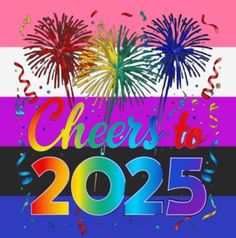 the words cheers to 2055 with fireworks and streamers in rainbow colors on a striped background