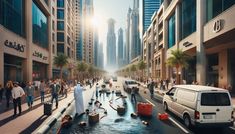 an artist's rendering of a city street with cars and people in the water