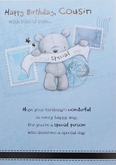 a blue greeting card with a teddy bear holding a sign that says happy birthday, cousin