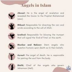 an image of angels in islam with the names and symbols on it, including their meanings