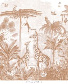 two giraffes are standing in the middle of a jungle with monkeys and other animals