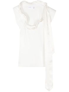 white stretch-design scarf detailing draped detailing ruffled trim frilled neckline cap sleeves straight hem Design Scarf, Versace Outfit, Yoko London, City Dress, Summer Beach Wear, Blouse White, Lady Dior, Coat Dress, Ruffle Trim