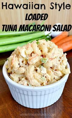 a white bowl filled with tuna macaroni salad