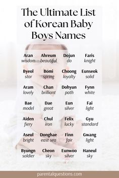 Looking for the perfect popular and unique Korean boy names with meaning? We’re sharing our list of the 100 best Korean baby boy names and explaining the meanings behind them. Our list includes rare, unique, and Asian boy name ideas. Click through for the full Korean boy name list. Unique boy names, traditional boy names, kpop boy names Popular Korean Names, Boy Name List, Korean Baby Boy, Traditional Boy Names, Korean Boy Names, Boy Names With Meaning, Boy Name Meanings, Nick Names For Boys, Names For Boys List